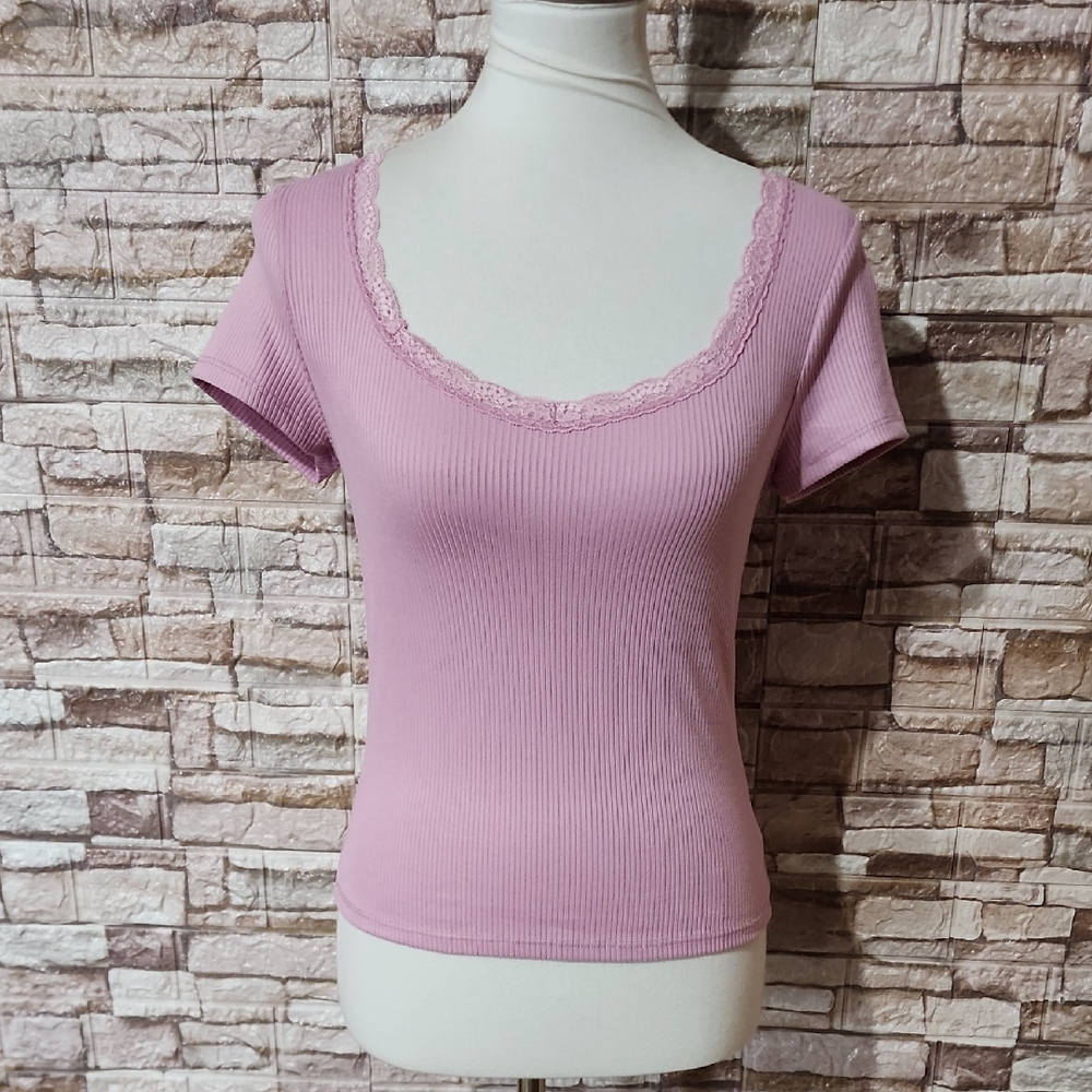 Hippie Rose Pink Lace Trim Ribbed Top